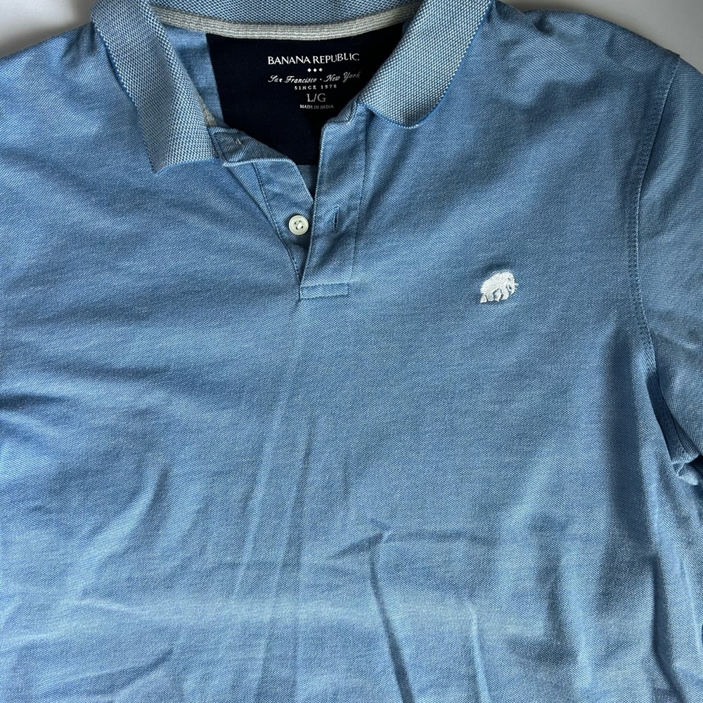 Banana Republic Pique Polo Shirt Men's L Blue Organic Cotton White Elephant Logo
